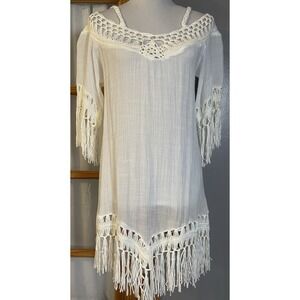 Wayan Crochet Swim Cover Up Dress OS Ivory Fringes Sheer Boho Resort Beach
